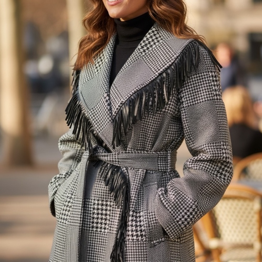 Houndstooth Microfiber Fringe Long Jacket - Picture 4 of 10